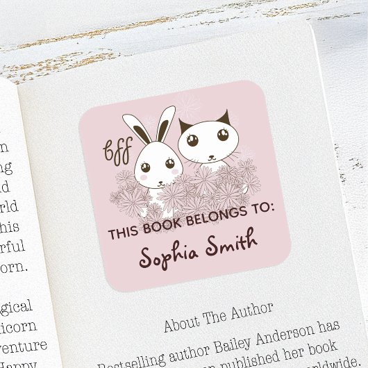 Pink Animal Friends Kinder dieses Buch gehört Quadratischer Aufkleber