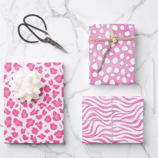 Pink Animal Prints: Leopard, Cheetah & Zebra Geschenkpapier Set (Vorderseite)