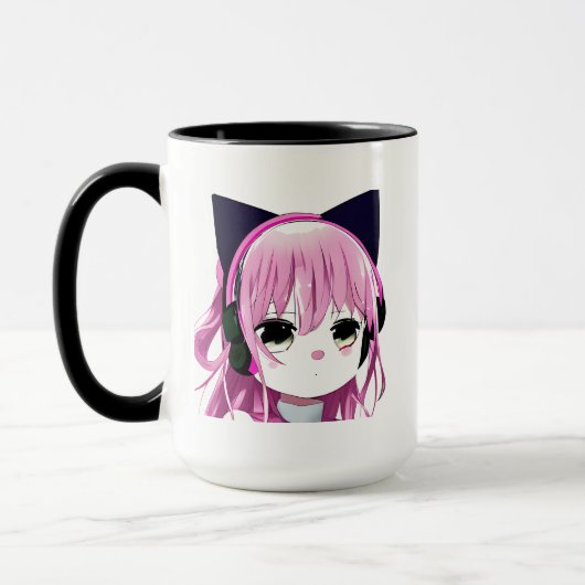Pink Anime Girl in Cat Ohr Kopfhörer Tasse (Links)
