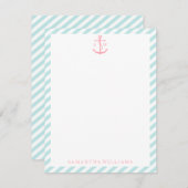 Pink Ankerpunkt auf Minzstreifen Mit Monogramm Mit Einladung (Vorne/Hinten)