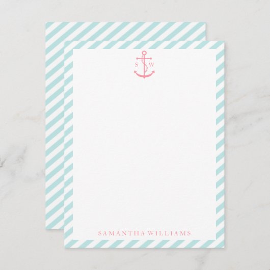 Pink Ankerpunkt auf Minzstreifen Mit Monogramm Mit Einladung (Vorne/Hinten)
