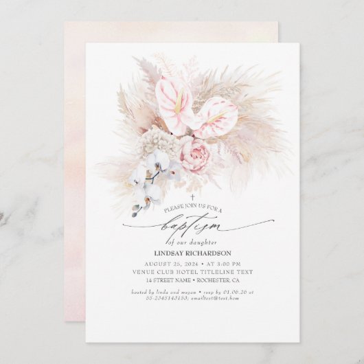 Pink Anthurium und Pampas Gras Blumentaufen Einladung (Vorne/Hinten)