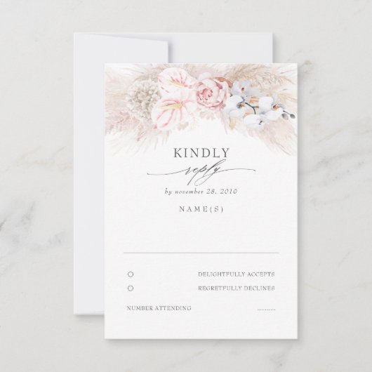 Pink Anthuriums and Pampas Grass Wedding RSVP Karte (Vorderseite)