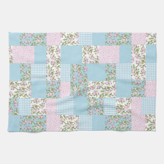 Pink Apple Blossom auf Blue Imitats Patchwork Handtuch (Horizontal)