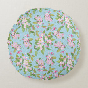 Pink Apple Blossom auf Sky Blue Leafground Rundes Kissen