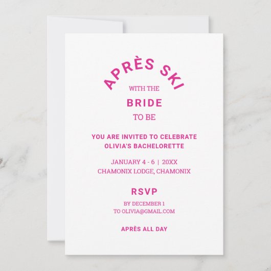 Pink Après Ski mit Bridge to be Bachelorette Einladung (Vorderseite)