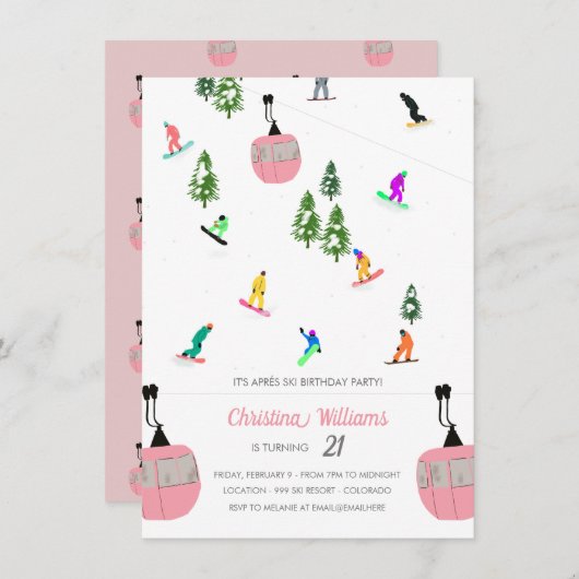 Pink Aprés Snowboard Snowboarden Geburtstag Einladung (Vorne/Hinten)