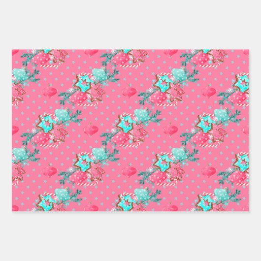 Pink Aqua Blauer Weihnachtsbäckerbaum Geschenkpapier Set (Vorderseite 3)