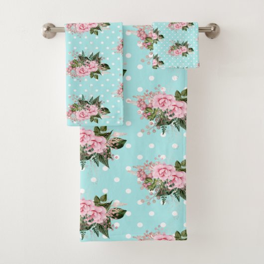 PINK AQUA BLUE FLORAL SPOT BADEZIMMER TOWEL SET (Insitu)