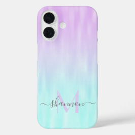 Pink Aqua Blue Pastel Ombre Chic Script Monogram iPhone 16 Hülle
