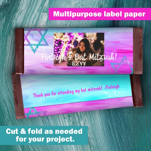 Pink Aqua Budget Bat Mitzvah Candy Bar Wrapper (Hot pink, violet, turquoise, cyan bat mitzvah personalized chocolate bar wrapper DIY cheap low cost)