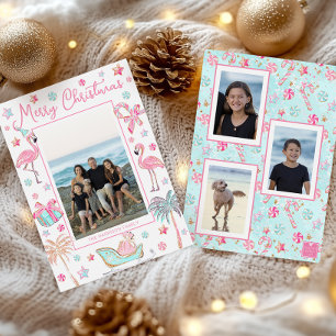 Pink & Aqua Flamingo Beach Weihnachts-Foto Feiertagskarte