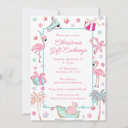 Pink & Aqua Flamingo Beach Weihnachts-Party Einladung (Vorderseite)