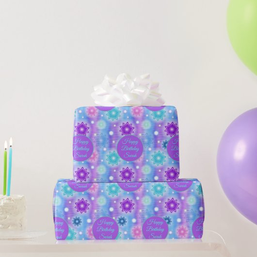 Pink Aqua Floral Abstraktes Muster Name Geschenkpapier (Partygeschenke)