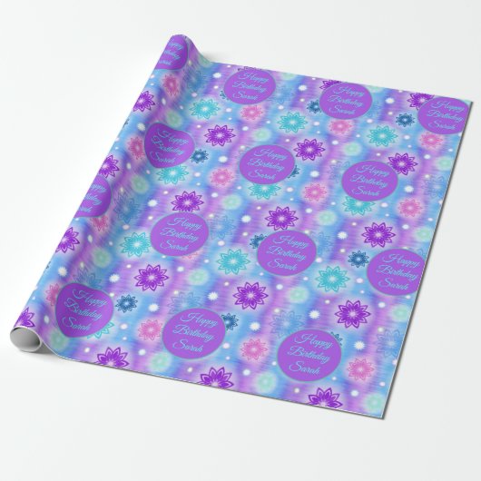 Pink Aqua Floral Abstraktes Muster Name Geschenkpapier (Ungerollt)