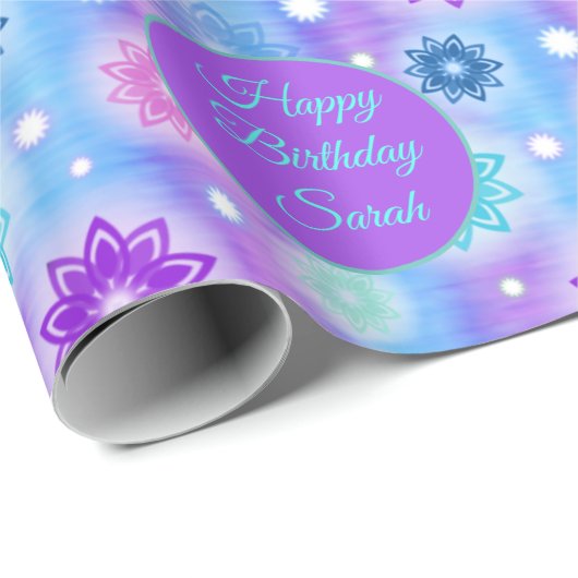 Pink Aqua Floral Abstraktes Muster Name Geschenkpapier (Rolleneckpunkt)