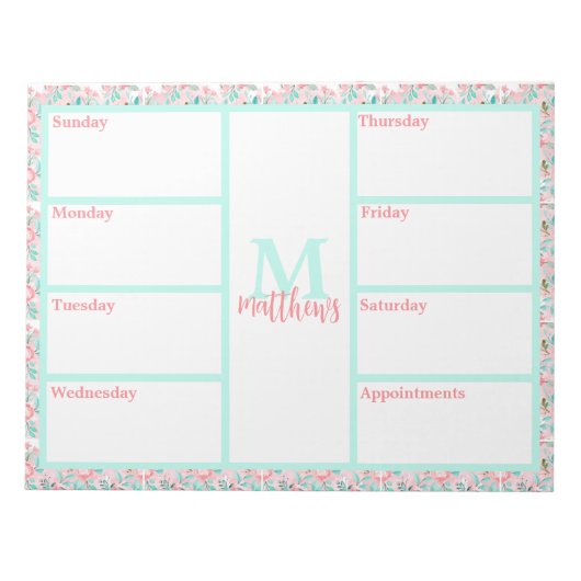 Pink & Aqua Floral Weekly Planner Notepad Notizblock (Vorderseite)
