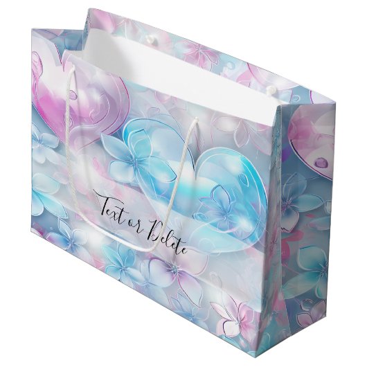 Pink Aqua Hearts und Blume Geschenktasche Große Geschenktüte (Vorderseite Schrägansicht)