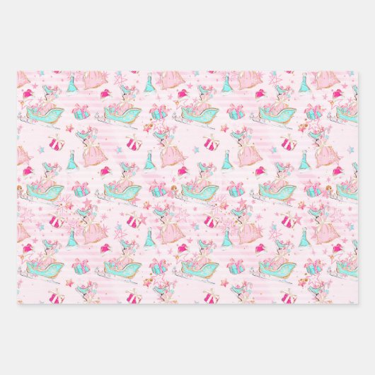 Pink & Aqua Ice Skate Flamingos & Weihnachtsgesche Geschenkpapier Set (Vorderseite 3)