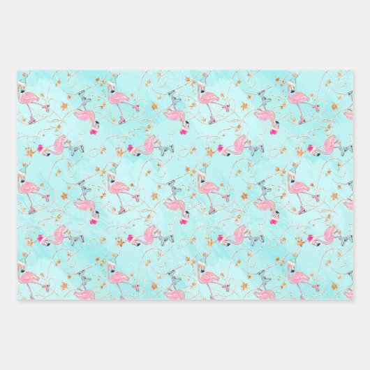 Pink & Aqua Ice Skate Flamingos & Weihnachtsgesche Geschenkpapier Set (Vorderseite 2)