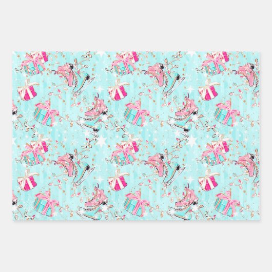 Pink & Aqua Ice Skate Flamingos & Weihnachtsgesche Geschenkpapier Set (Vorderseite)