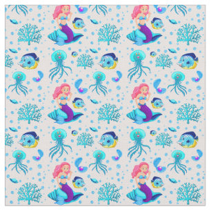 Pink Aqua Mermaid auf Seashell Unterwasserfisch Stoff