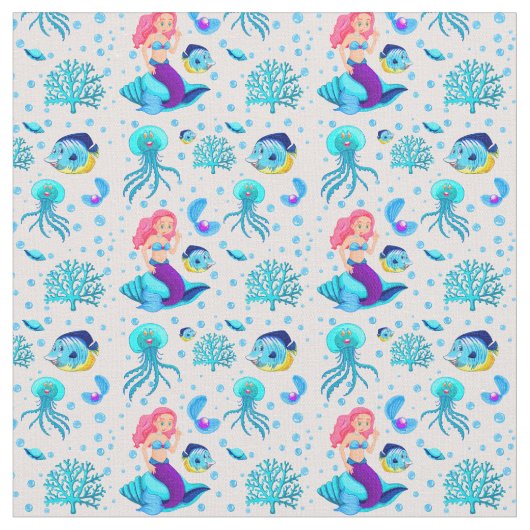 Pink Aqua Mermaid auf Seashell Unterwasserfisch Stoff (Nahaufnahme)