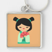 Pink aqua peach Kokeshi Japanese dolls Schlüsselanhänger (Vorne)