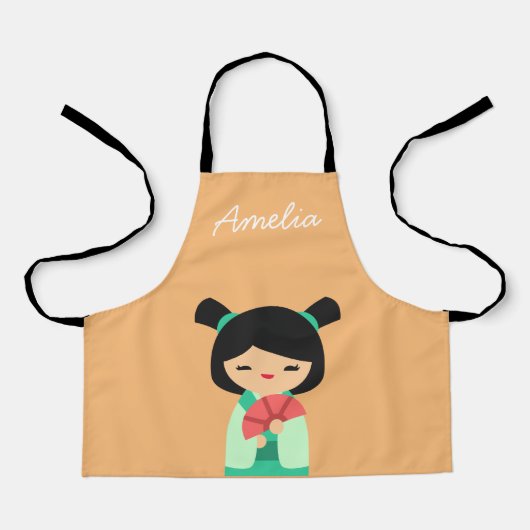 Pink Aqua peach Kokeshi Japanische Puppen Schürze (Vorderseite)