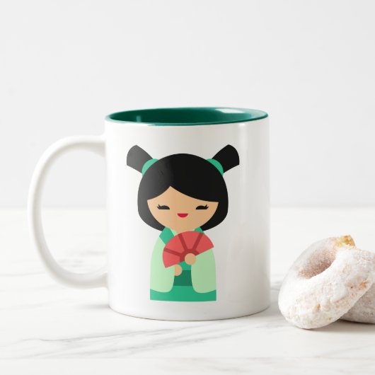 Pink Aqua peach Kokeshi Japanische Puppen Zweifarbige Tasse (Mit Donut)