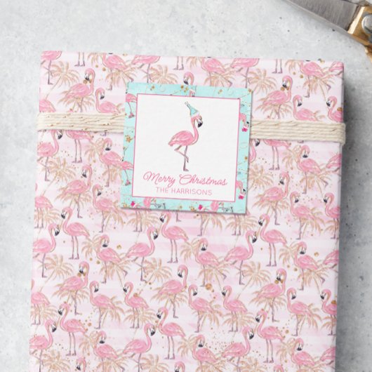 Pink & Aqua Santa Flamingo Beach Weihnachtsgeschen Mitteilungskarte