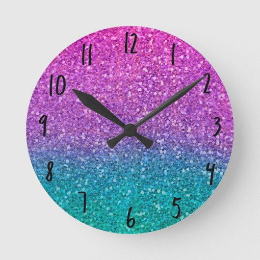 Pink Aquamarin Aqua Blue & Lila Funkelnd Glitzer Runde Wanduhr (Vorderseite)