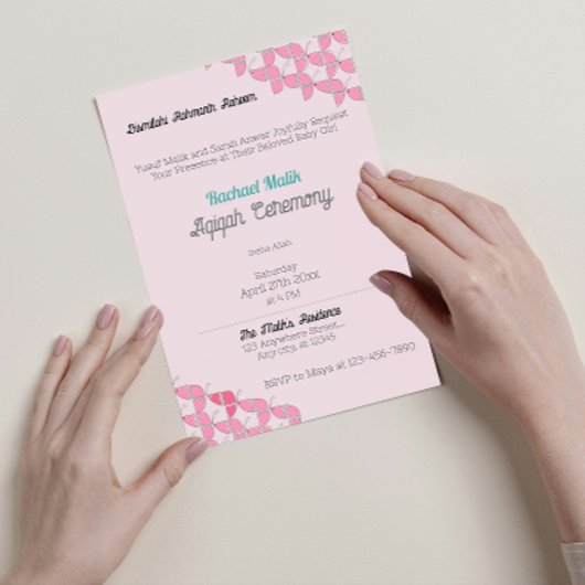 Pink Aquamarin, Baby Girl Aqiqah Baby Dusche Einladung