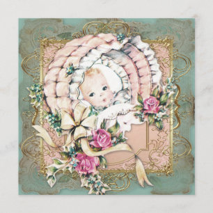 Pink Aquamarin Blue and Gold Vintag Girl Baby Dusc Einladung