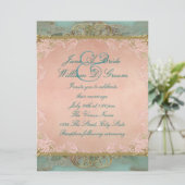 Pink Aquamarin Blue and Gold Vintage Wedding Einladung (Stehend Vorderseite)