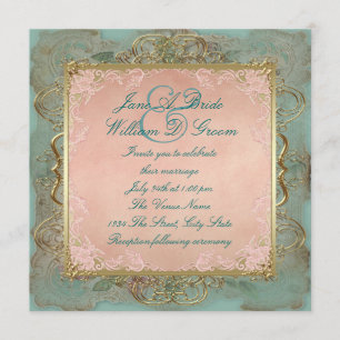 Pink Aquamarin Blue and Gold Vintage Wedding Einladung