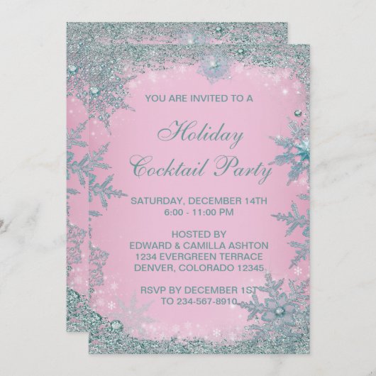 Pink Aquamarin Blue Snowflake Weihnachts-Party Einladung (Vorne/Hinten)