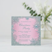Pink Aquamarin Blue Snowflake Weihnachts-Party Einladung (Stehend Vorderseite)
