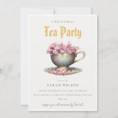 Pink Aquamarin Gold Floral Teacup Party Einladung (Vorderseite)