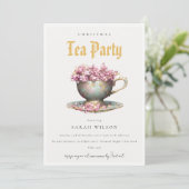 Pink Aquamarin Gold Floral Teacup Party Einladung (Stehend Vorderseite)