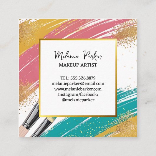 Pink Aquamarin Gold Glitzer Paint Makeup Quadratische Visitenkarte (Rückseite)