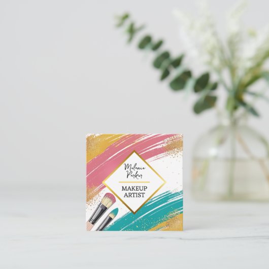 Pink Aquamarin Gold Glitzer Paint Makeup Quadratische Visitenkarte (Stehend Vorderseite)