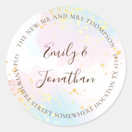 Pink Aquamarin Watercolor Goldname Anschrift Hochz Runder Aufkleber
