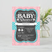 Pink Aquamarines Chalkboard Floral Baby Dusche ein Einladung (Stehend Vorderseite)