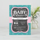 Pink Aquamarines Chalkboard Floral Baby Dusche ein Einladung (Stehend Vorderseite)