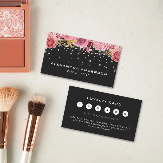 Pink Aquarell Blume Diamant Glitzer Salon Schwarz Treuekarte