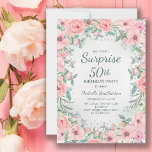 Pink Aquarell Rose Pearls 50. Geburtstag<br><div class="desc">Überraschung 50. Geburtstagsparty individuelle Einladungen mit eleganten rot rosa Aquarell Blumen,  Grün und Perlen entworfen. Text ist vollständig anpassbar,  so entwerfen Sie diese Einladungen für jeden beliebigen Alter.</div>