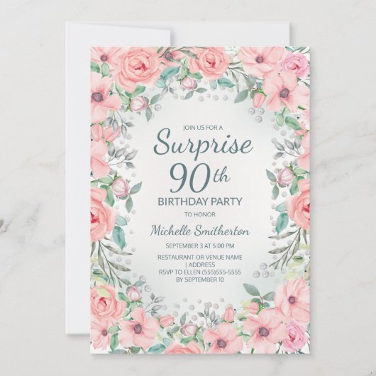 Pink Aquarell Rose Pearls 90. Geburtstag (Vorderseite)