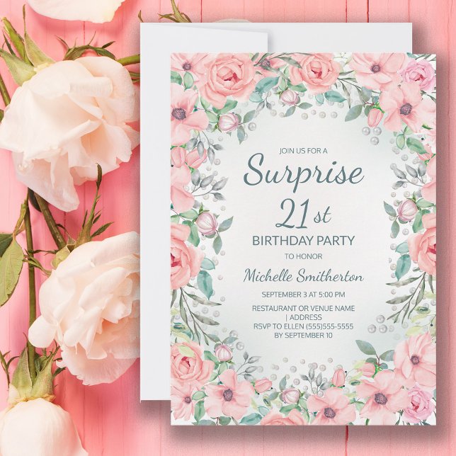 Pink Aquarell Rose Perlen 21. Geburtstag (Blush pink floral surprise 21st birthday party invitation personalized with your text.)