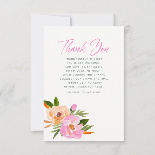 Pink Aquarell Wildblumen Kinderdusche Danke (Vorderseite)